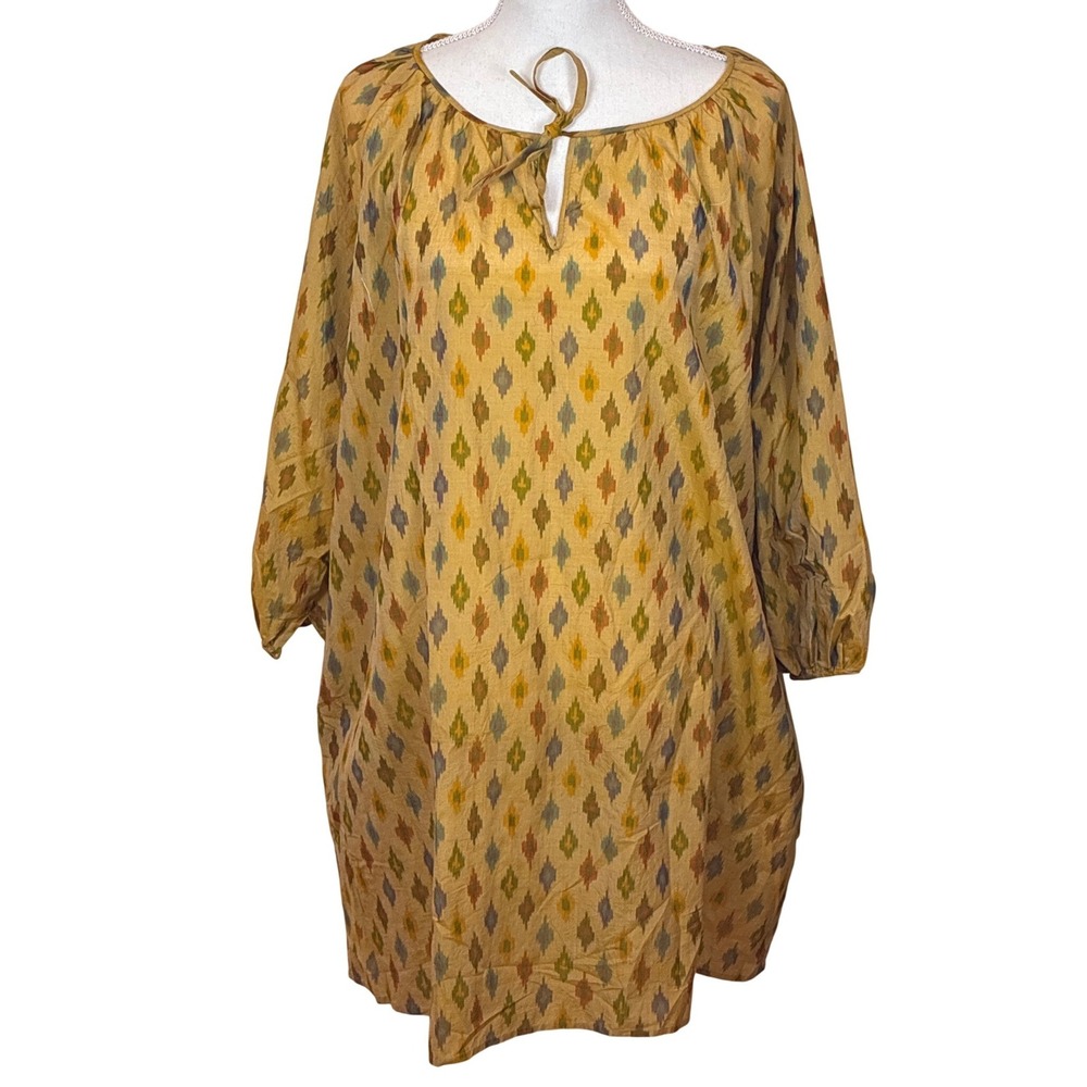 Matta Shift Midi Dress Pocket M/L Boho Geometric 3/4 Sleeves Yellow Cotton Silk
